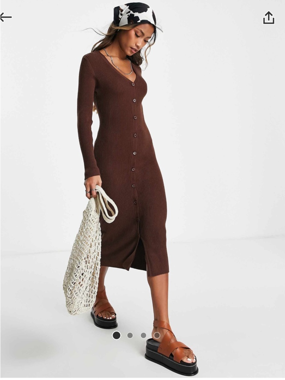 Violet Romance knitted Button-Front Ribbed Midi Dress in Chocolate Brown
